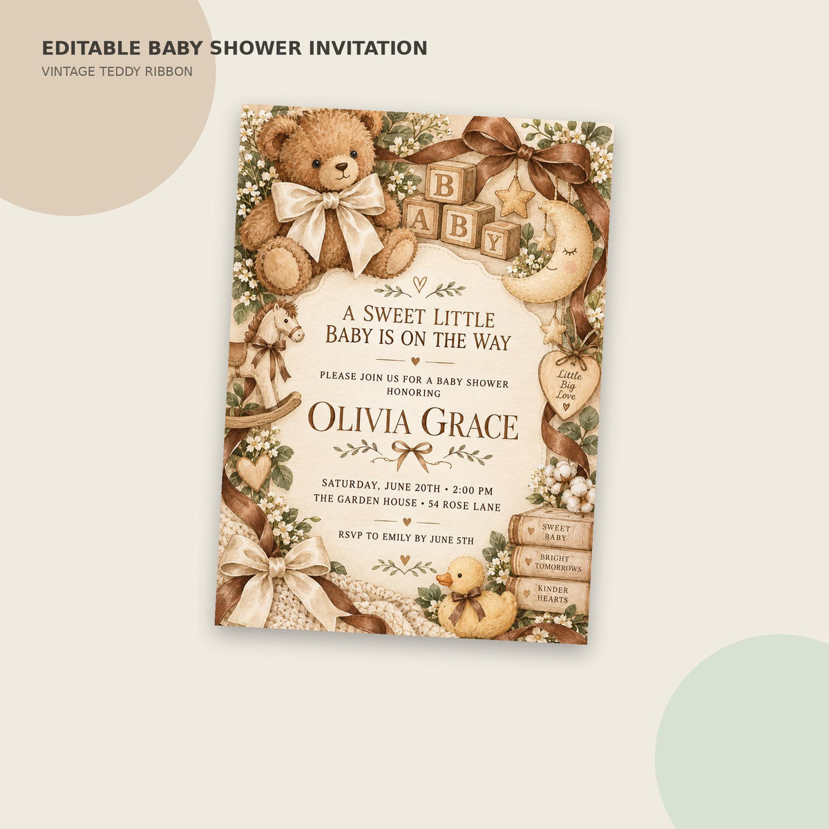 The image is a baby shower invitation featuring a teddy bear and various decorative elements such as flowers, ribbons, and baby-related items.