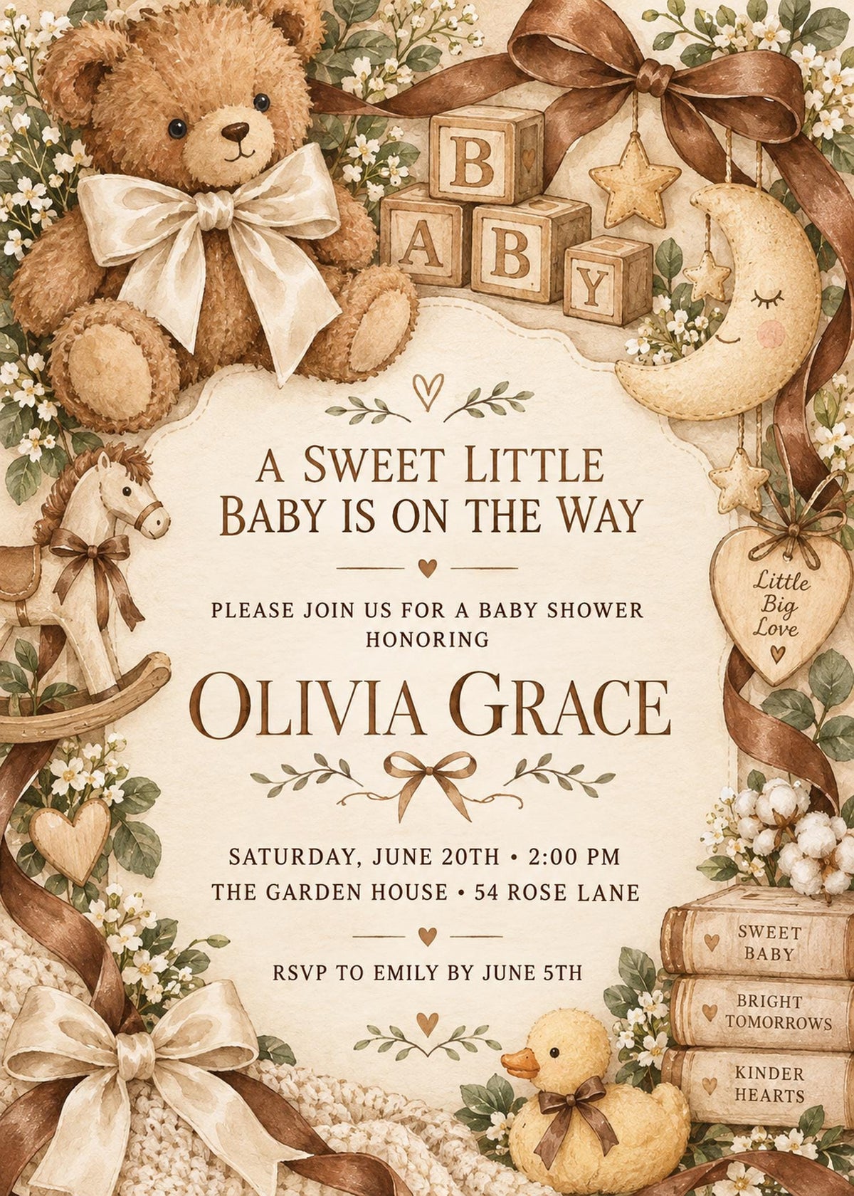 The image is a baby shower invitation featuring a teddy bear, baby blocks, a horse, a moon, and other baby-themed elements.