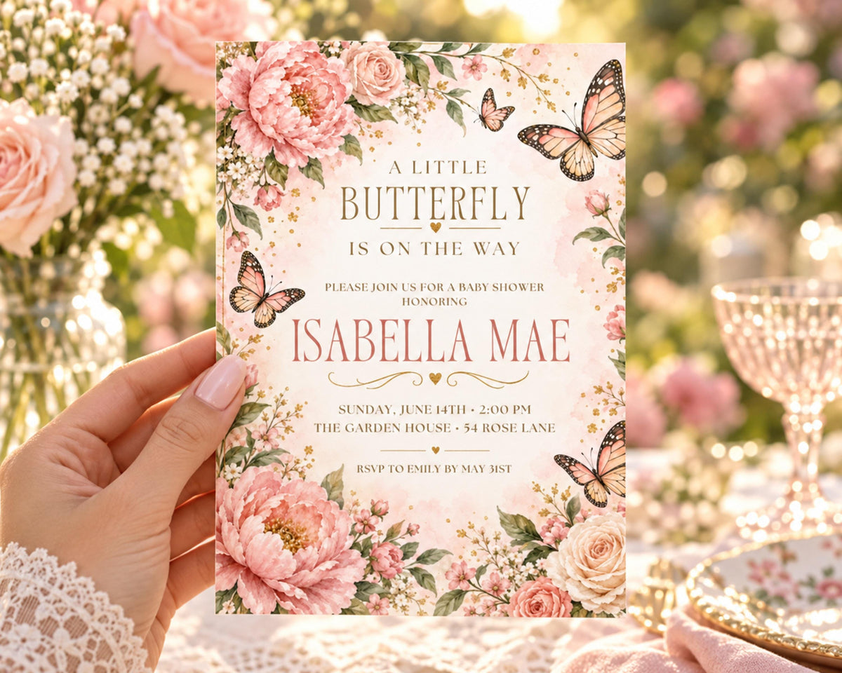 A hand holding a floral invitation card with a butterfly design, featuring pink and white flowers and butterflies.