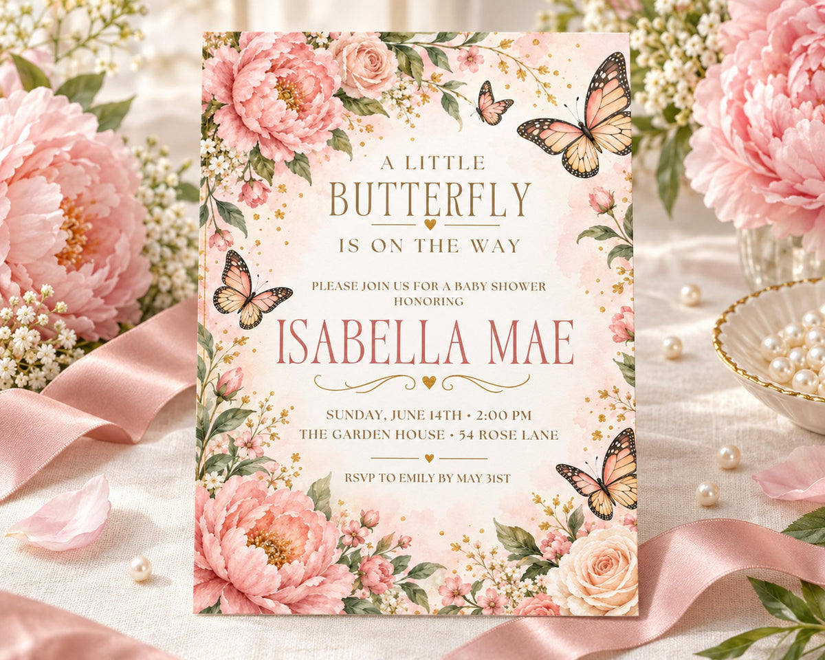 A pink and white baby shower invitation featuring a floral design with butterflies and the name "Isabella Mae" on it.