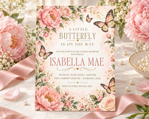 A pink and white baby shower invitation featuring a floral design with butterflies and the name "Isabella Mae" on it.