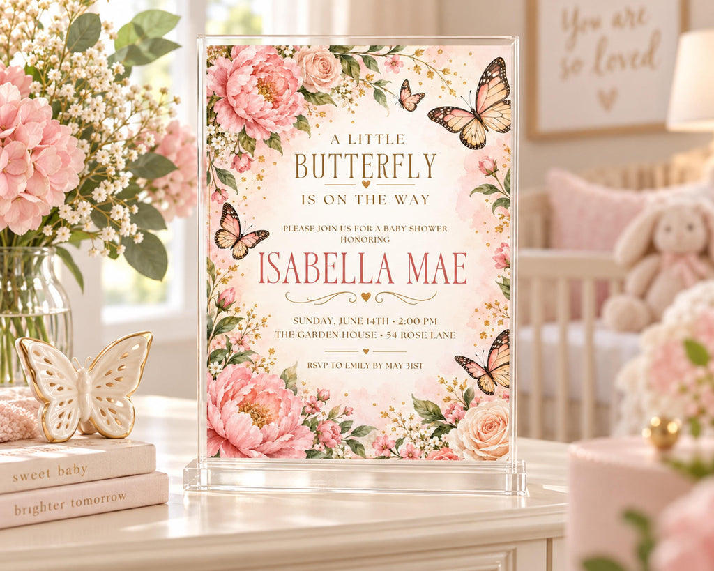A baby shower invitation featuring a pink and white floral design with butterflies, placed on a table with books and a vase of flowers.
