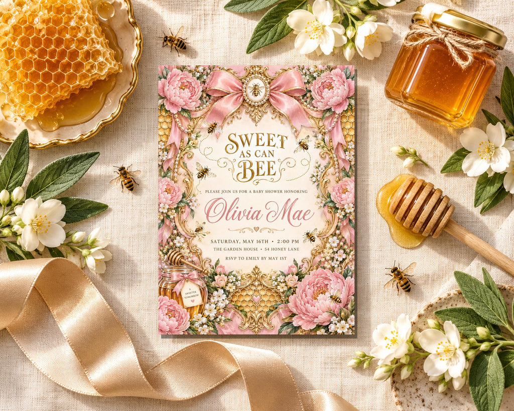 a beautifully designed invitation card with a floral and honeycomb theme, surrounded by honey, flowers, and a honeycomb.