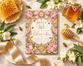 a beautifully designed invitation card with a floral and honeycomb theme, surrounded by honey, flowers, and a honeycomb.