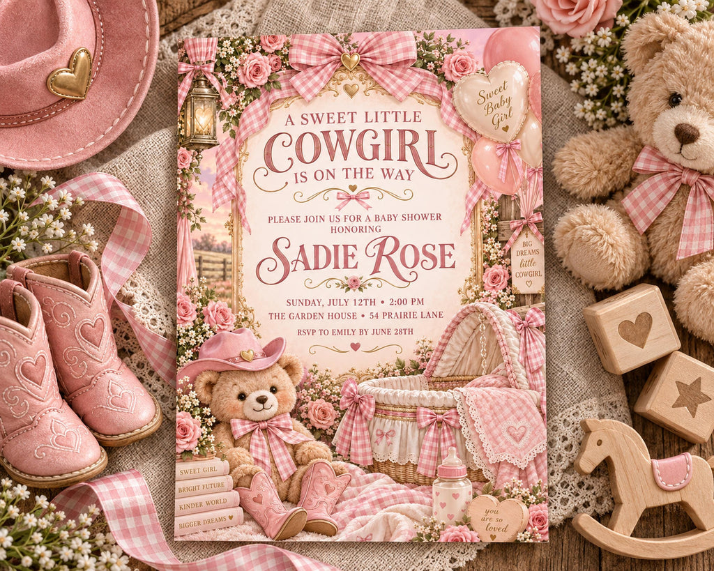 A pink and white baby shower invitation for a sweet little cowgirl, featuring a teddy bear, wooden rocking horse, and other baby-themed items.