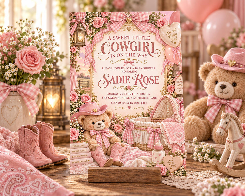 A pink and white baby shower invitation featuring a teddy bear, baby crib, and other baby-related items, with a horse and balloons in the background.