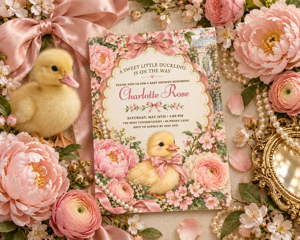 A baby shower invitation featuring a baby duck surrounded by pink flowers and a bow, with a baby girl's name and details about the event.