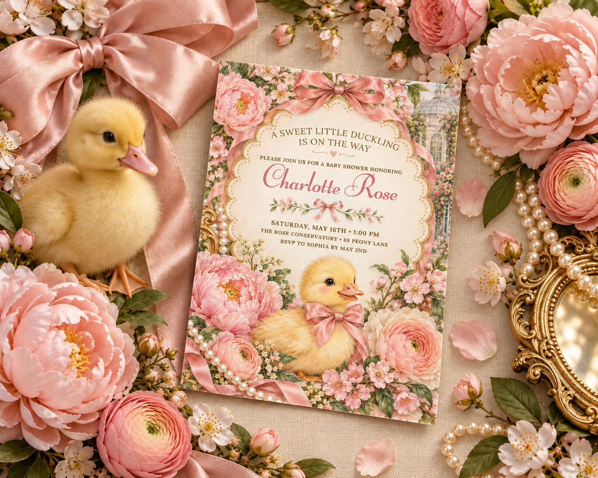 A baby shower invitation featuring a baby girl named Charlotte Rose surrounded by pink flowers, with a cute yellow duck and a pink bow.