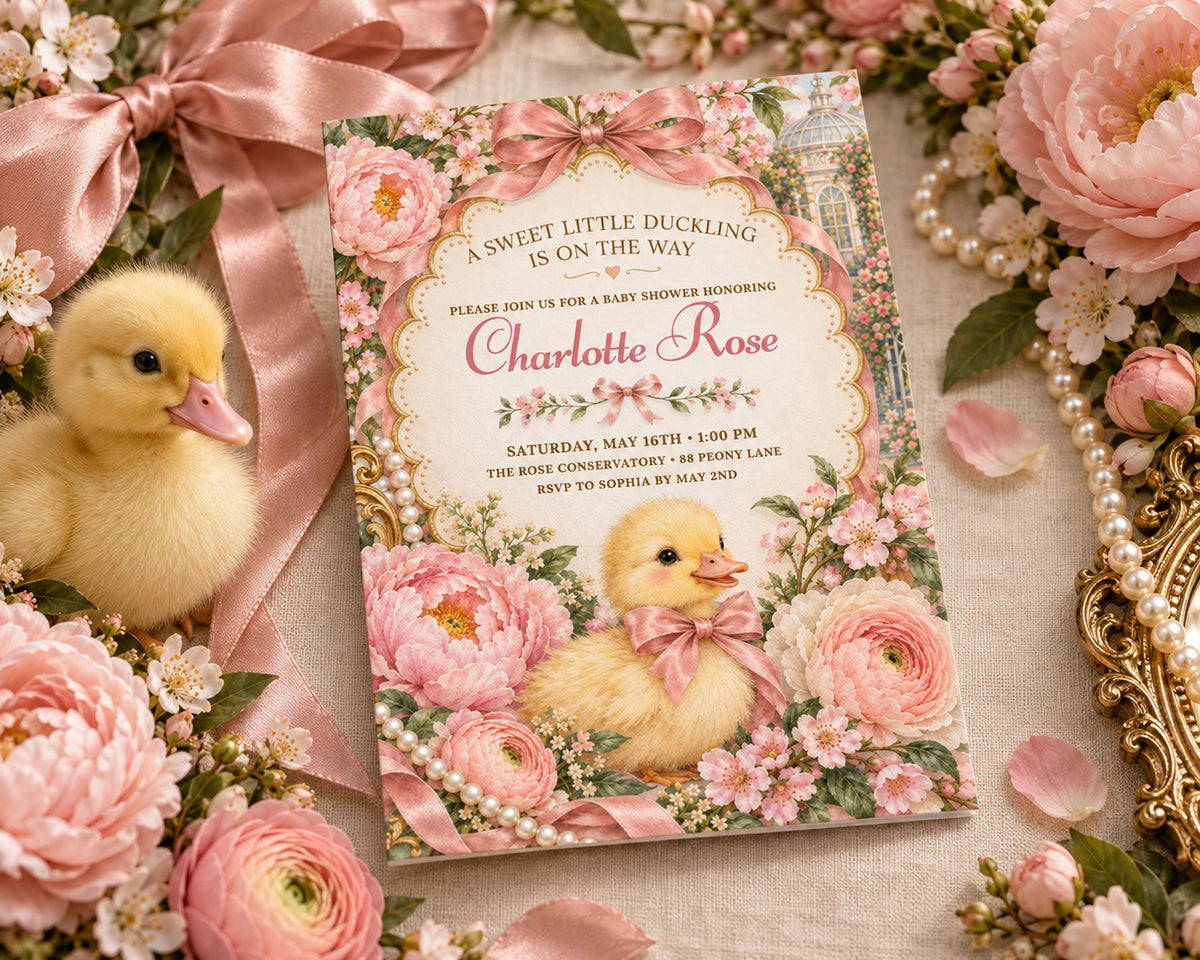 A baby shower invitation featuring a baby duck surrounded by pink flowers and a pink ribbon.