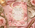 The image is a pink invitation card for a baby shower, featuring a moon, stars, and flowers, along with a pink ribbon and a pen.