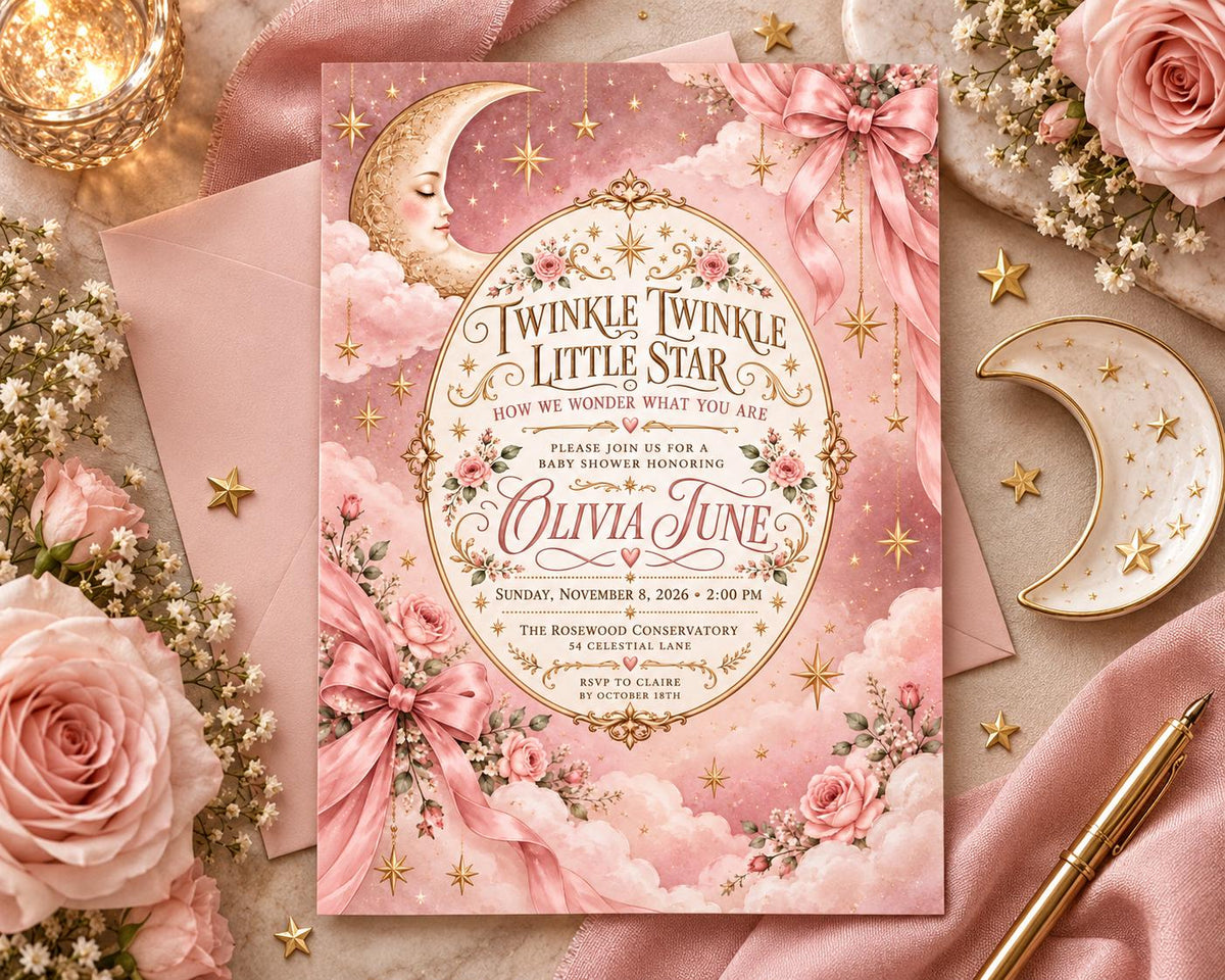 The image is a pink invitation card for a baby shower, featuring a moon, stars, and flowers, along with a pink ribbon and a pen.