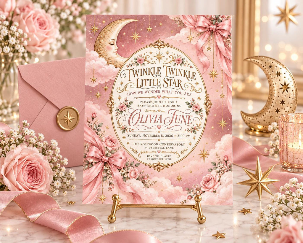 a pink invitation card with a moon and stars theme, surrounded by pink flowers and a crescent moon.