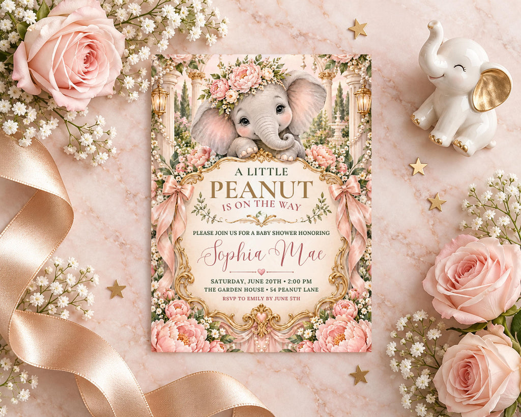 A baby shower invitation featuring an elephant and floral designs, surrounded by pink roses, a figurine, and gold stars.