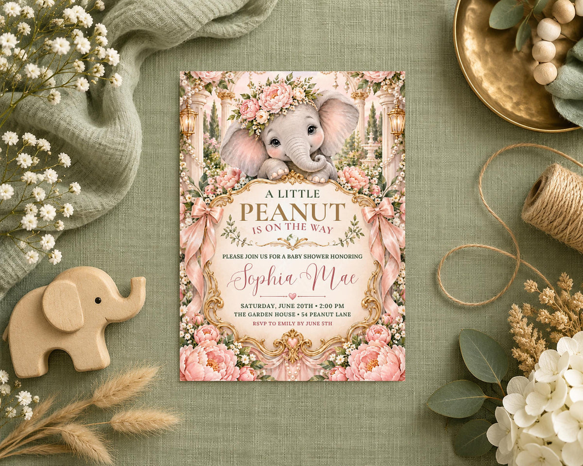 A baby shower invitation featuring an elephant and pink flowers, surrounded by decorative elements such as a wooden elephant, flowers, and a bowl.