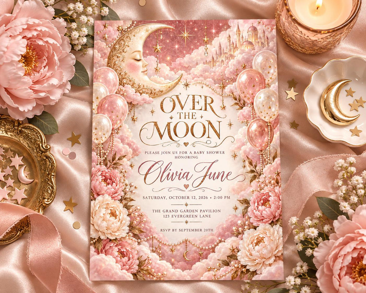 The image is a pink and gold invitation for a baby shower, featuring a moon and stars theme with pink flowers and gold accents.