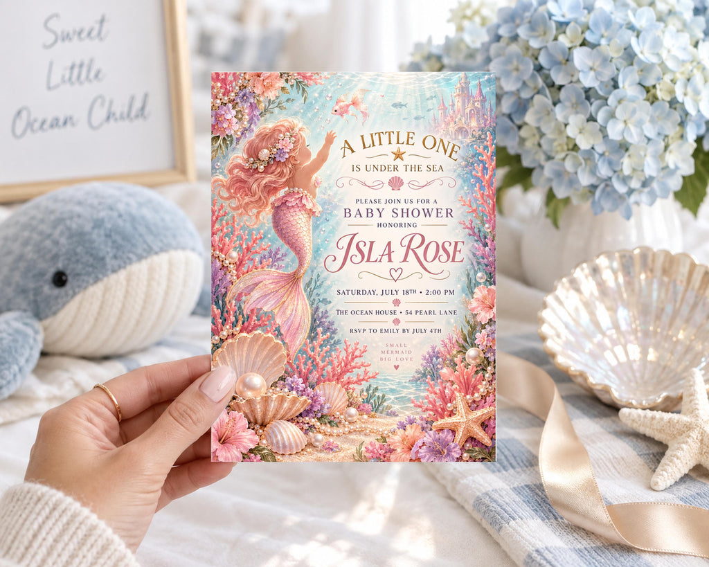 A hand holding a mermaid-themed baby shower invitation with a mermaid, flowers, and seashells.