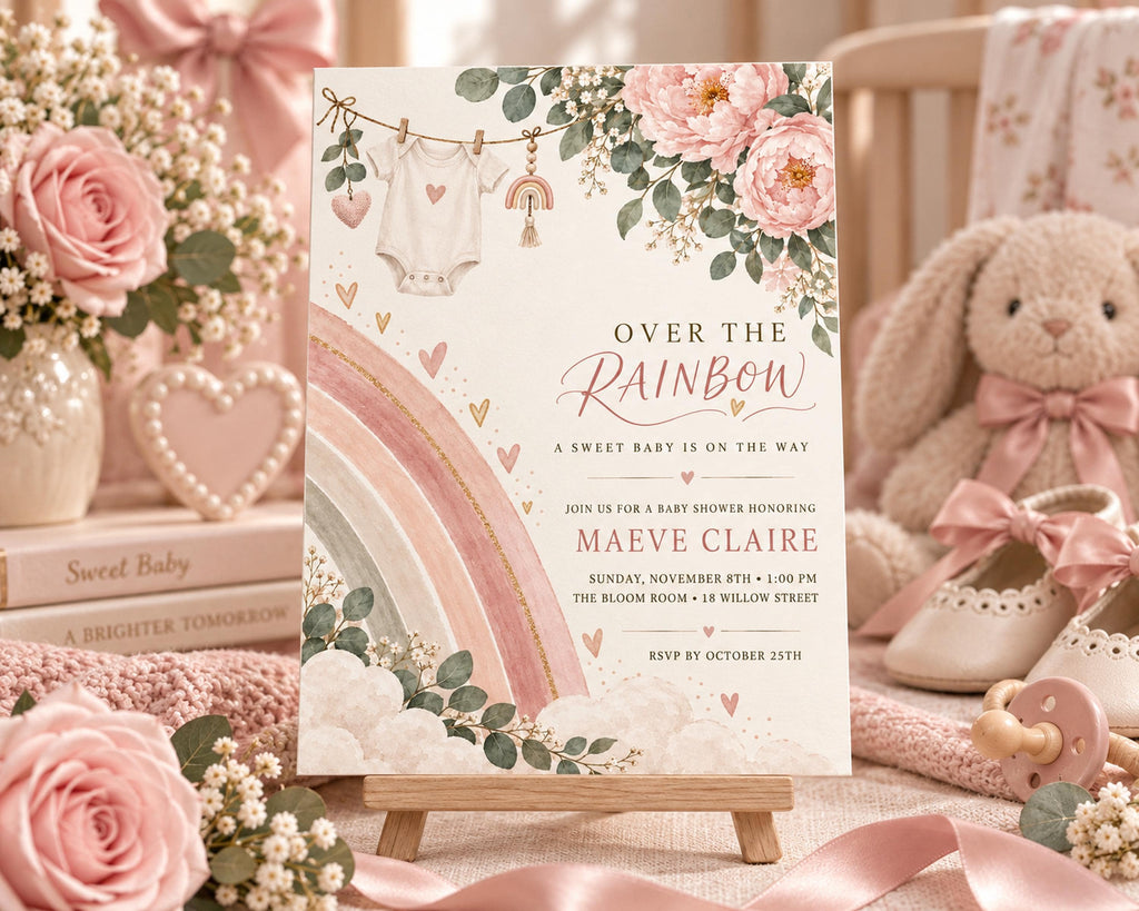 a baby shower invitation with a pink and white color scheme, surrounded by baby-related items such as a stuffed rabbit, baby shoes, and a baby blanket.