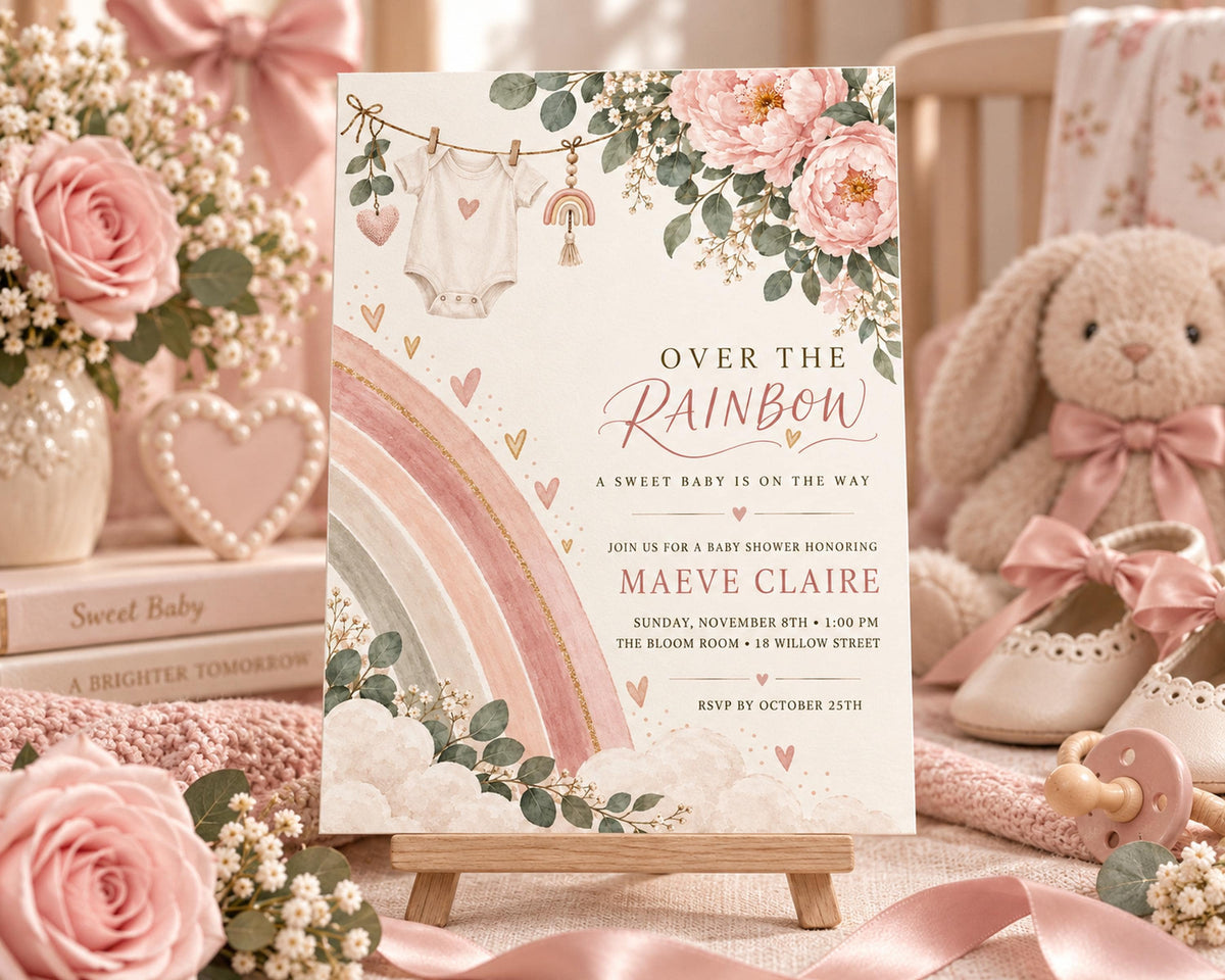 a baby shower invitation with a pink and white color scheme, surrounded by baby-related items such as a stuffed rabbit, baby shoes, and a baby blanket.