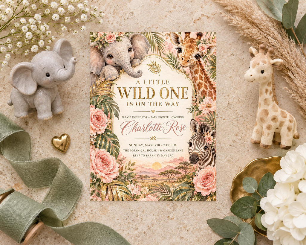 a baby shower invitation with a giraffe, elephant, and zebra design, surrounded by decorative elements such as flowers, a ribbon, and stuffed animals.