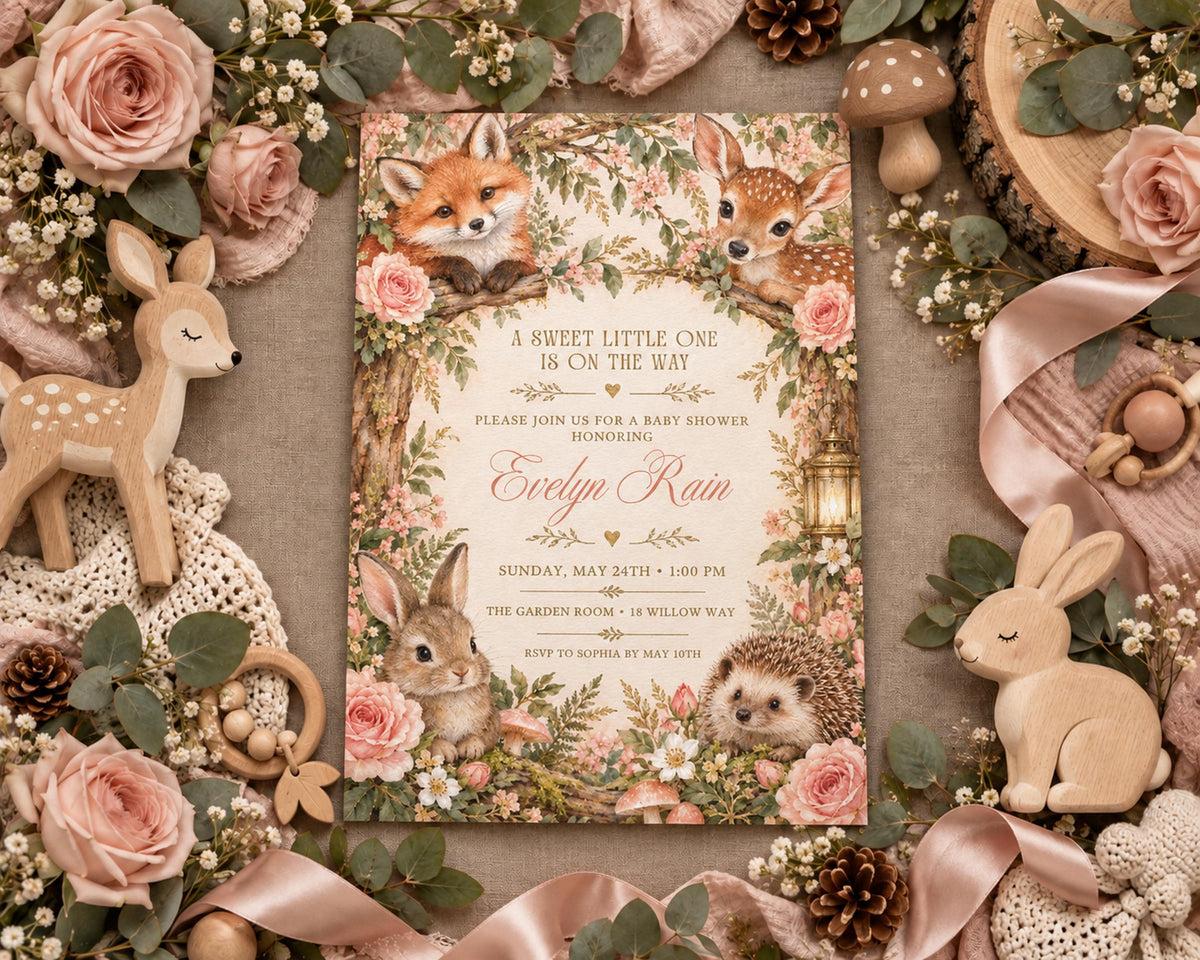 A baby shower invitation featuring woodland animals surrounded by flowers and ribbons.