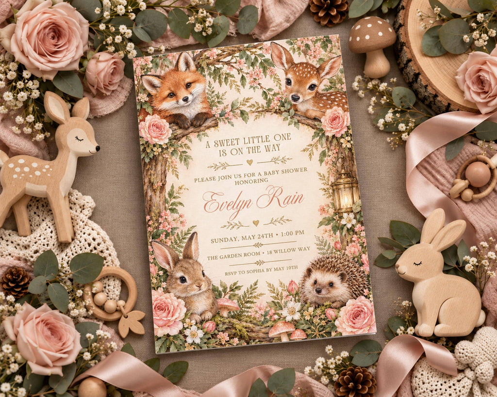 A baby shower invitation featuring a woodland theme with illustrations of a deer, rabbit, and hedgehog surrounded by flowers and greenery.