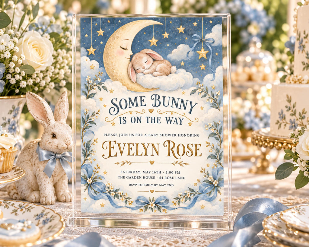 The image is a baby shower invitation featuring a bunny and a crescent moon, with a floral design and a blue and white color scheme.