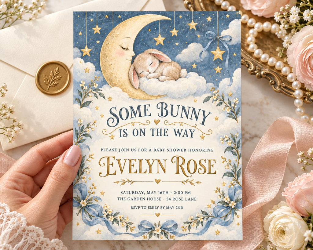 a hand holding a baby shower invitation with a moon and stars theme, featuring a sleeping bunny on a crescent moon. The invitation is decorated with flowers and pearls, and the text invites guests to a baby shower honoring Evelyn Rose.