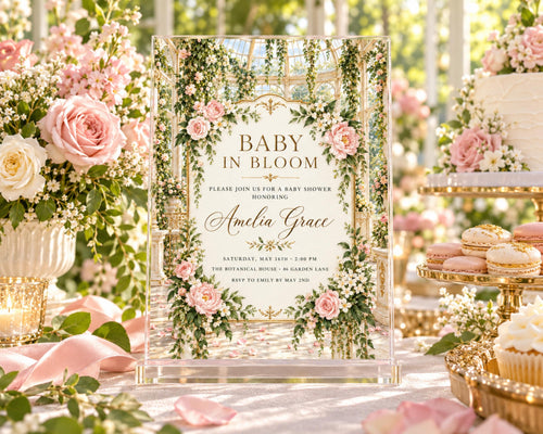 The image is a beautifully decorated baby shower invitation featuring a floral design with pink and white flowers, surrounded by a lush garden setting.