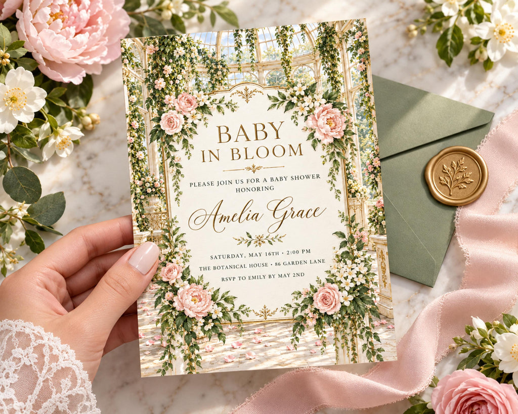 a hand holding a baby shower invitation card with a floral design. The card is surrounded by pink flowers and a green envelope, creating a beautiful and elegant setting for the event.