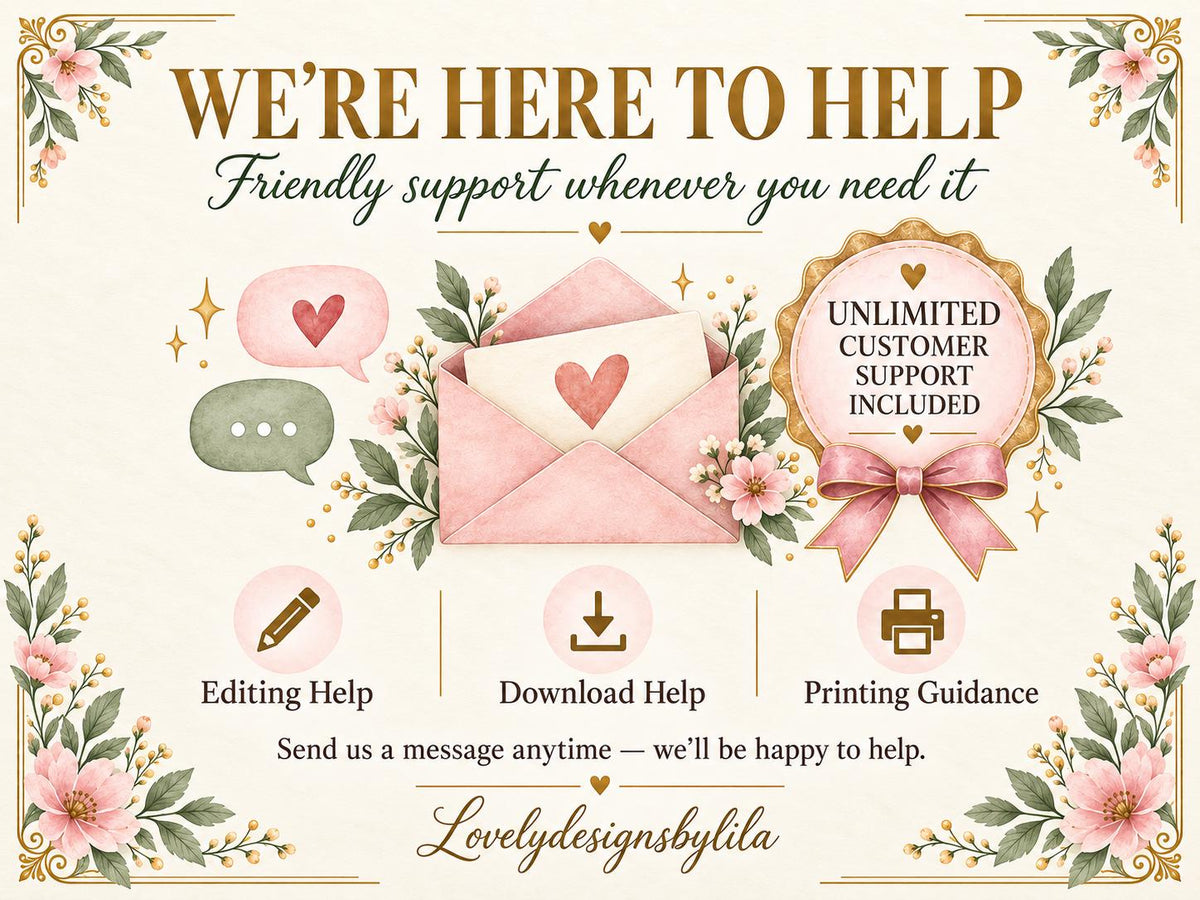 The image is a promotional poster for a company called "Lovely Designs by Lila", featuring various services such as editing, download, printing guidance, and customer support.
