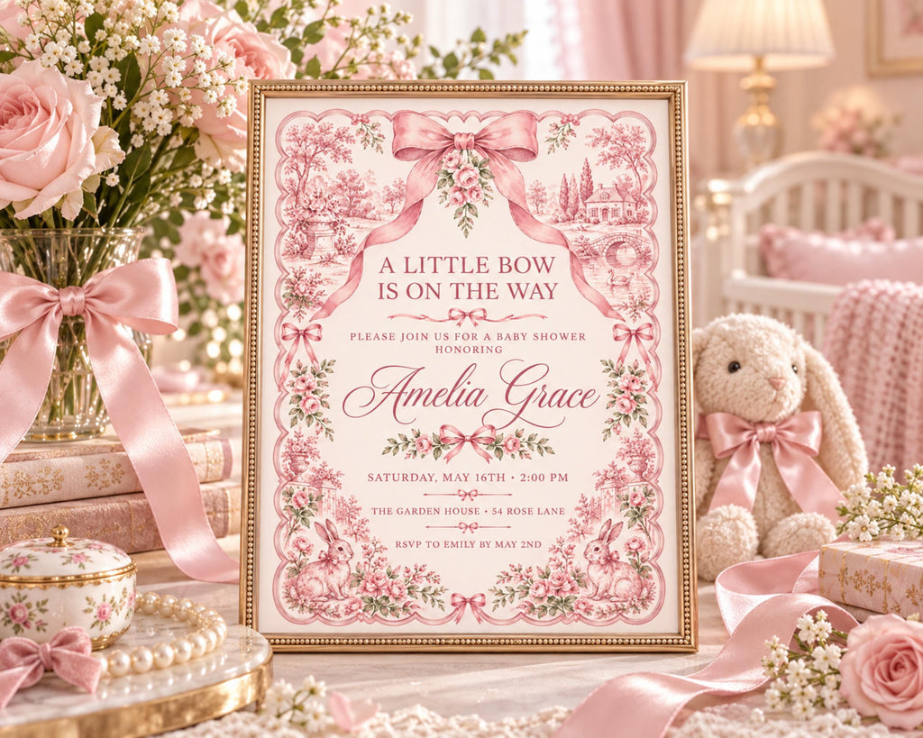 A pink and white baby shower invitation for a baby named Amelia Grace, with a floral design and bows, surrounded by pink flowers and a stuffed rabbit.