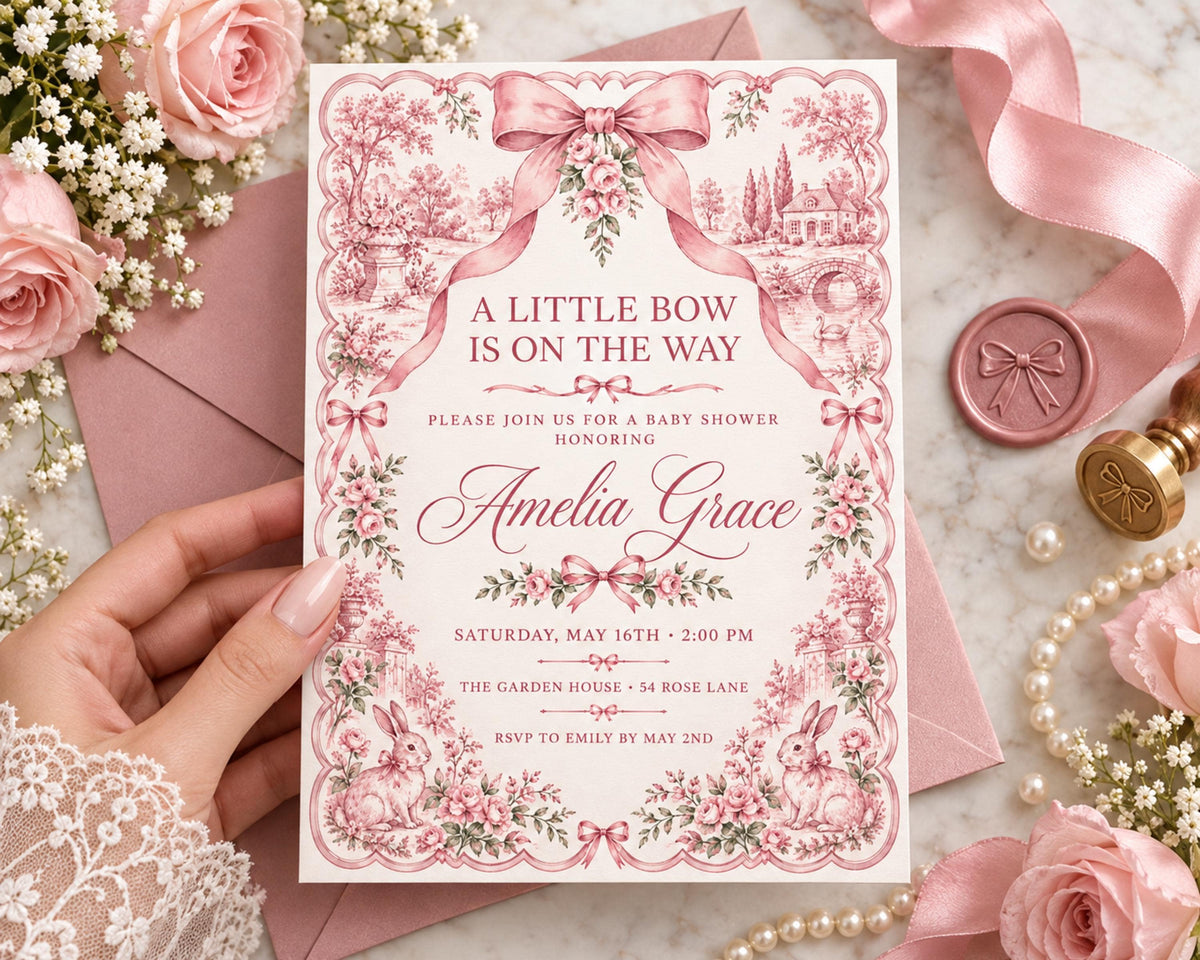 a hand holding a pink and white baby shower invitation with a floral design and a ribbon.