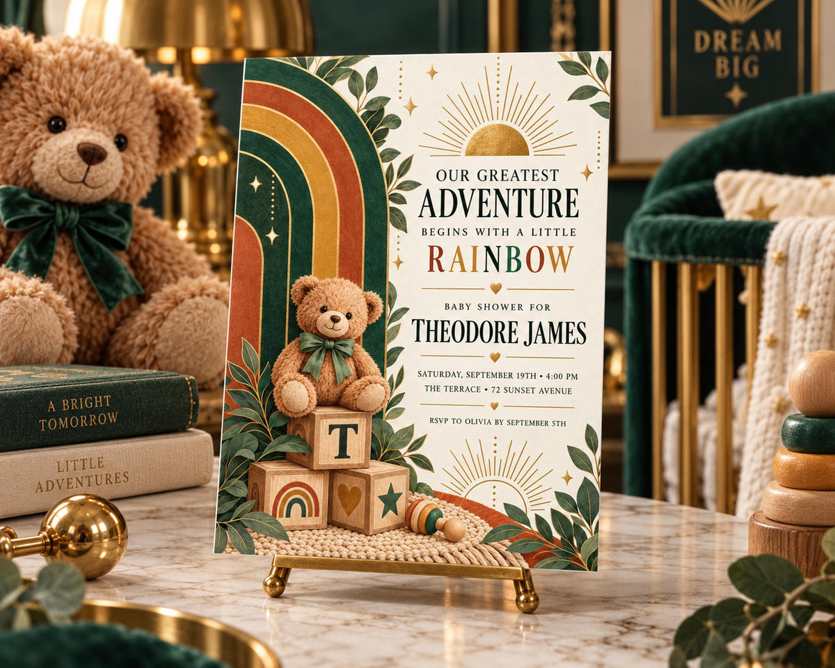 A baby shower invitation featuring a teddy bear and a block tower design, with text indicating the event is for Theodore James and will take place on September 7th at The Terrace - 72nd Avenue.