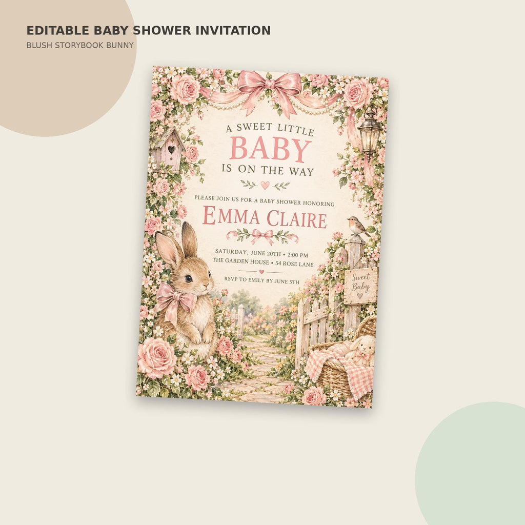 The image is a baby shower invitation featuring a pink and green floral design with a rabbit and a path leading to a garden.