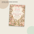 The image is a baby shower invitation featuring a pink and green floral design with a rabbit and a path leading to a garden.