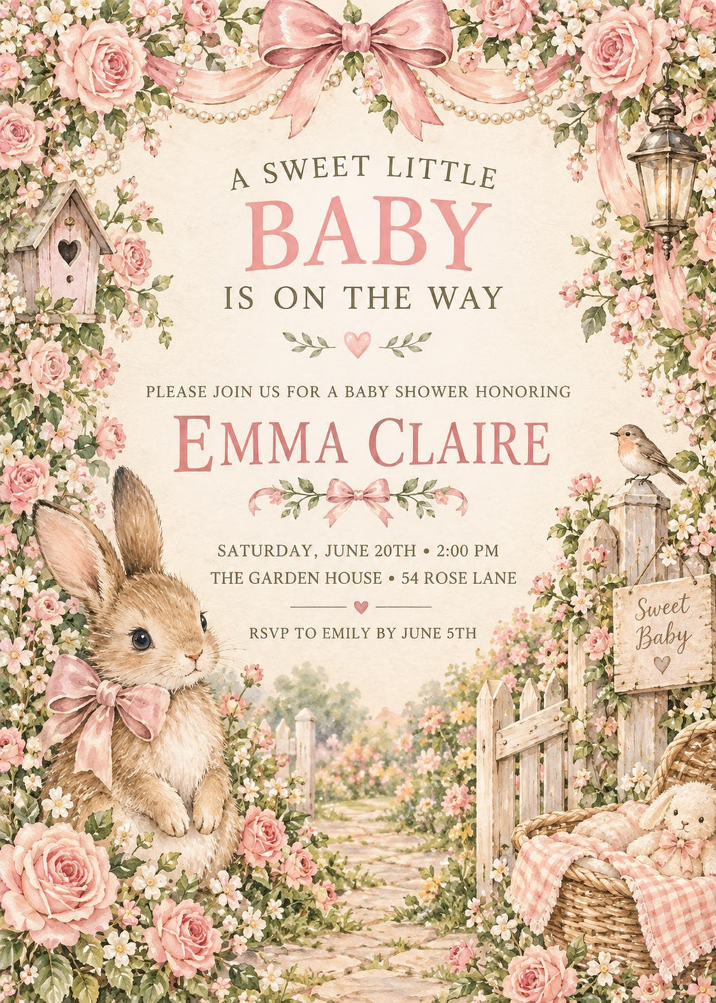 A sweet little baby is on the way, invites guests to a baby shower honoring Emma Claire, with a garden scene and a rabbit as the central illustration.