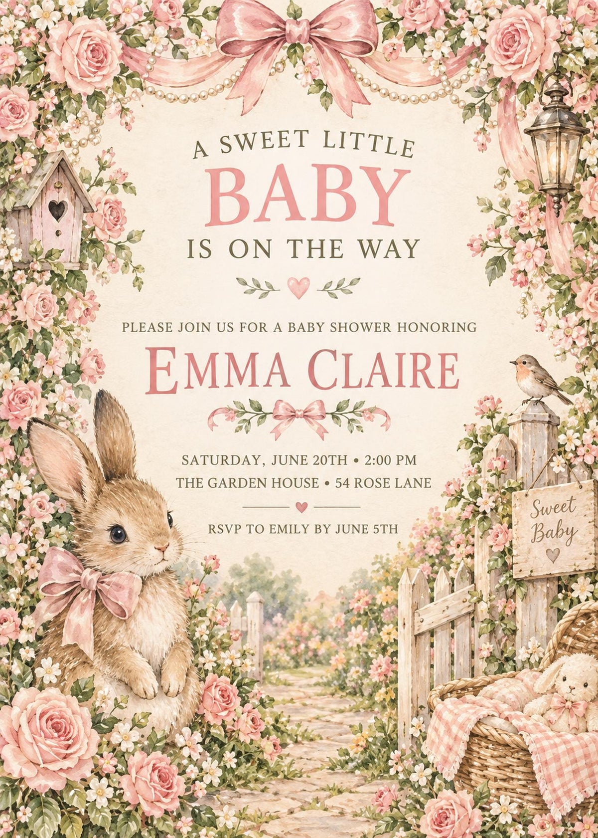 A sweet little baby is on the way, invites guests to a baby shower honoring Emma Claire, with a garden scene and a rabbit as the central illustration.