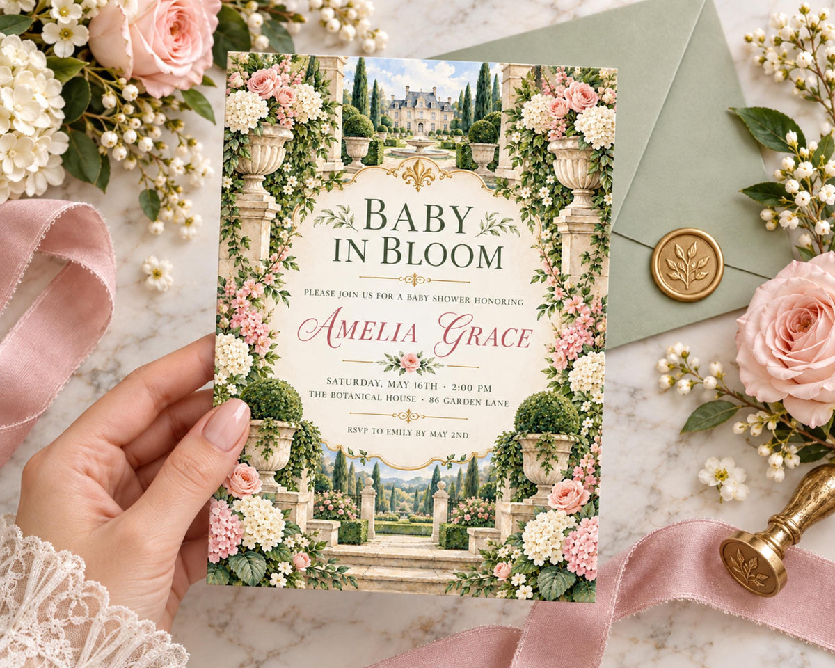 A hand holding a floral-designed baby shower invitation with a garden scene, surrounded by pink and white flowers, a green envelope, and a gold seal.