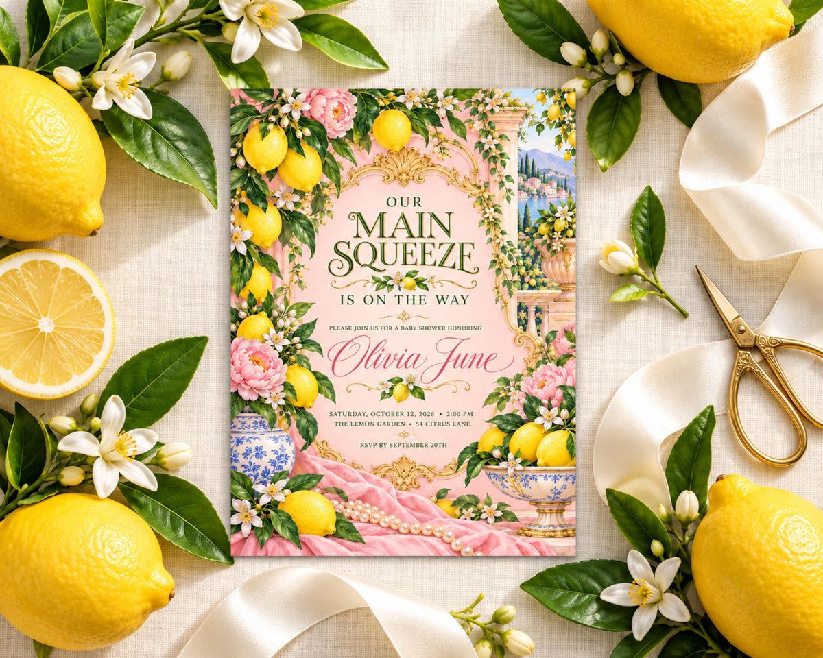 a pink invitation card with a lemon and flower design, surrounded by lemons, flowers, and a pair of scissors.