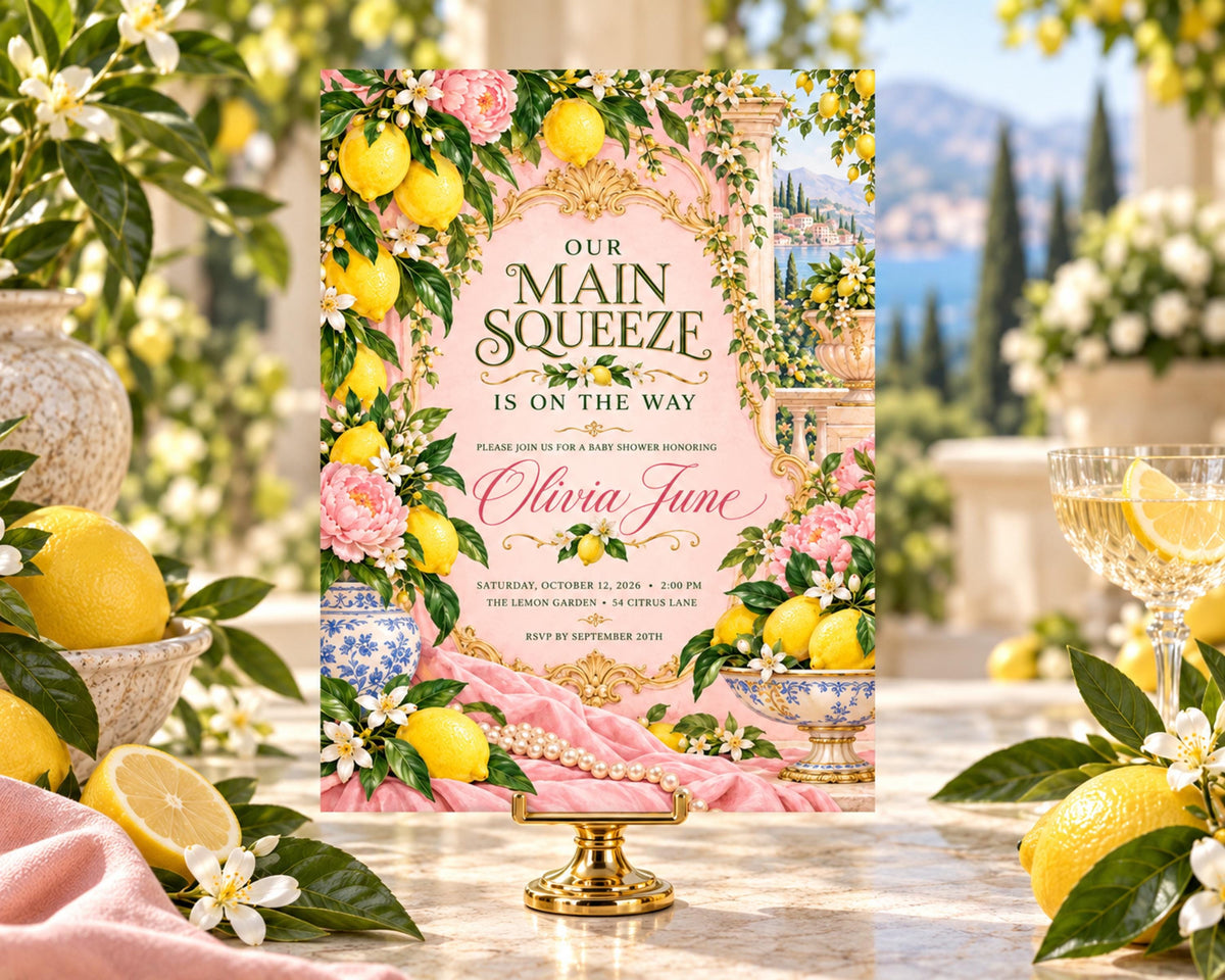 The image is a wedding invitation featuring a pink and white color scheme with illustrations of lemons, flowers, and a vase.