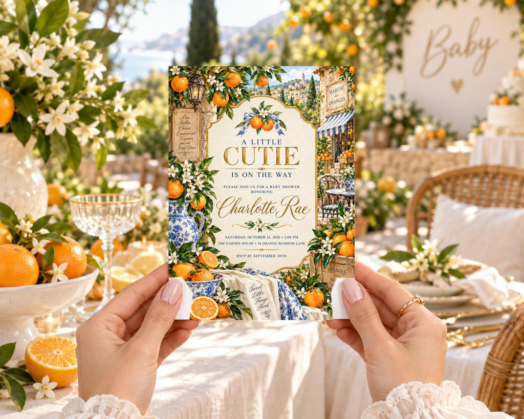 A person is holding a colorful invitation card with an illustration of a garden and oranges, surrounded by a table with flowers, fruit, and other decorative elements.