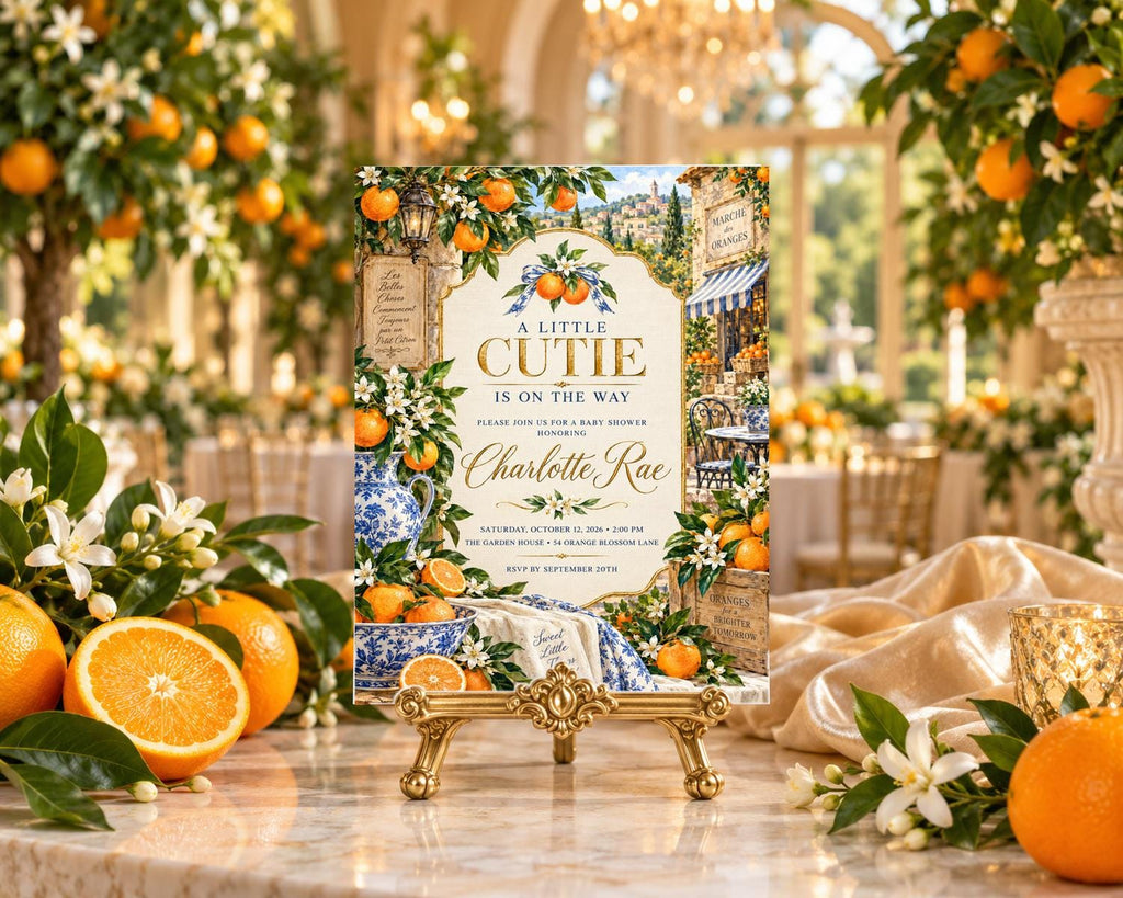 a decorative invitation card with a floral design, placed on a table surrounded by oranges and white flowers.