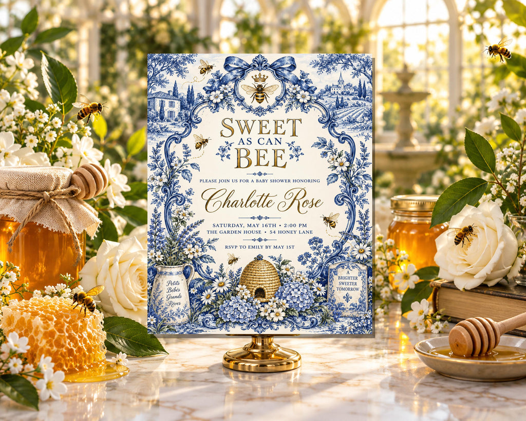 a blue and white invitation card for a baby shower, surrounded by honey, flowers, and honeycombs.