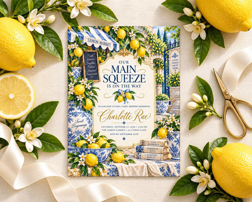 a book titled "Our Main Squeeze is on the Way" surrounded by various citrus fruits, flowers, and a pair of scissors.