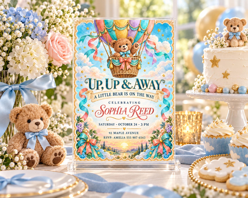 The image is a birthday party invitation featuring a teddy bear and a hot air balloon, surrounded by decorations and a cake.