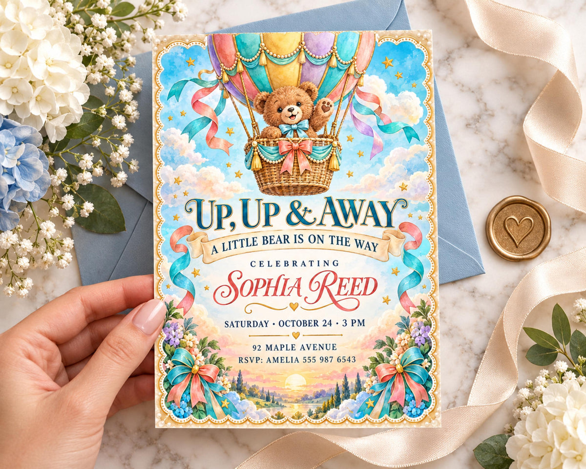 A hand holding a colorful birthday invitation card with a teddy bear and a hot air balloon design.