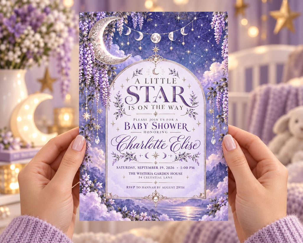 A person's hands holding a purple and white baby shower invitation with a night sky theme.