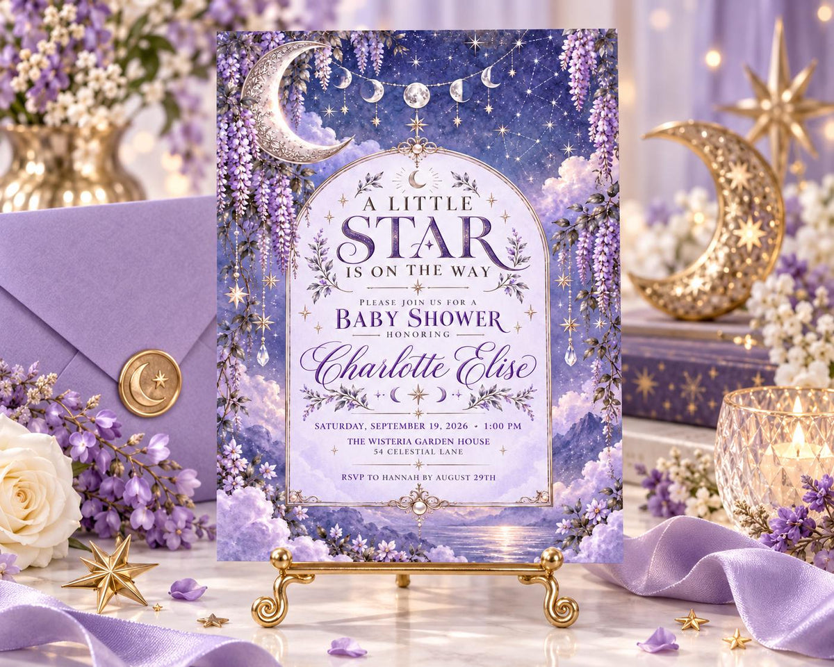 The image is a purple and gold baby shower invitation featuring a night sky theme with a crescent moon, stars, and flowers.