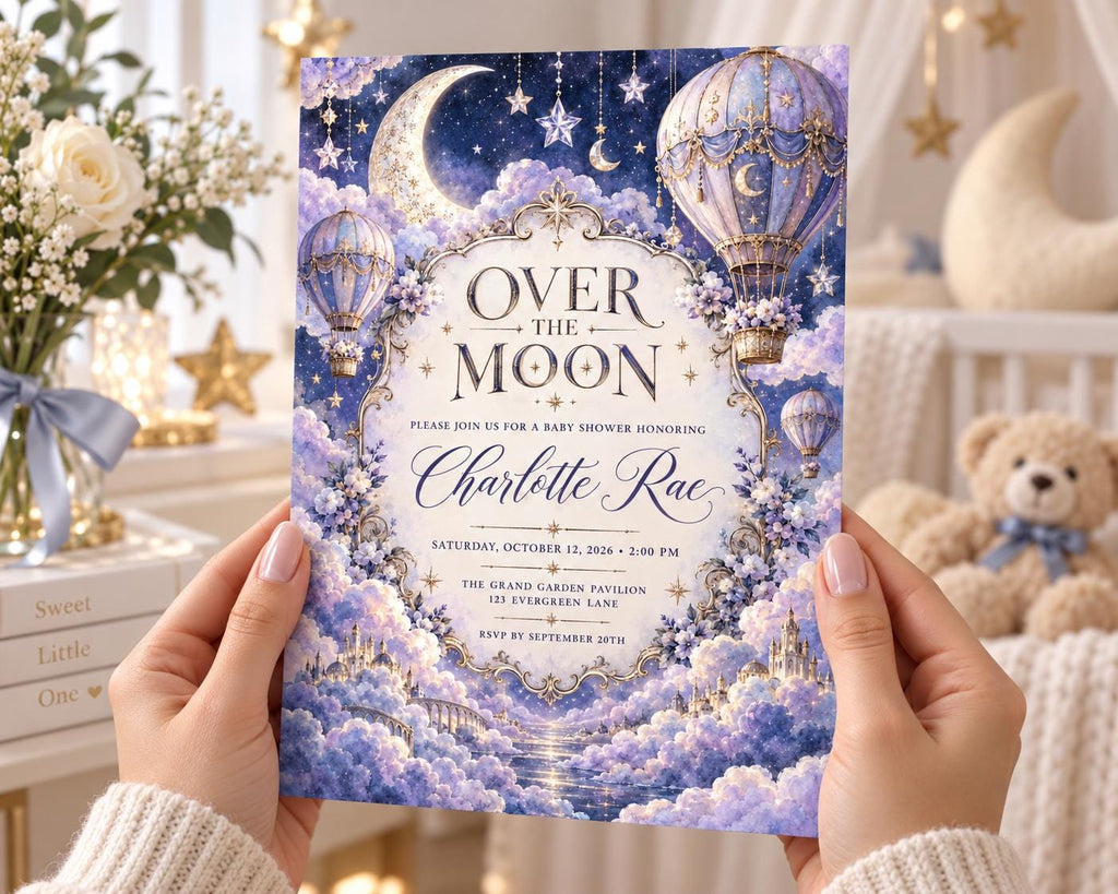 A person's hands holding a baby shower invitation with a moon and star theme, featuring a teddy bear and other decorative elements.