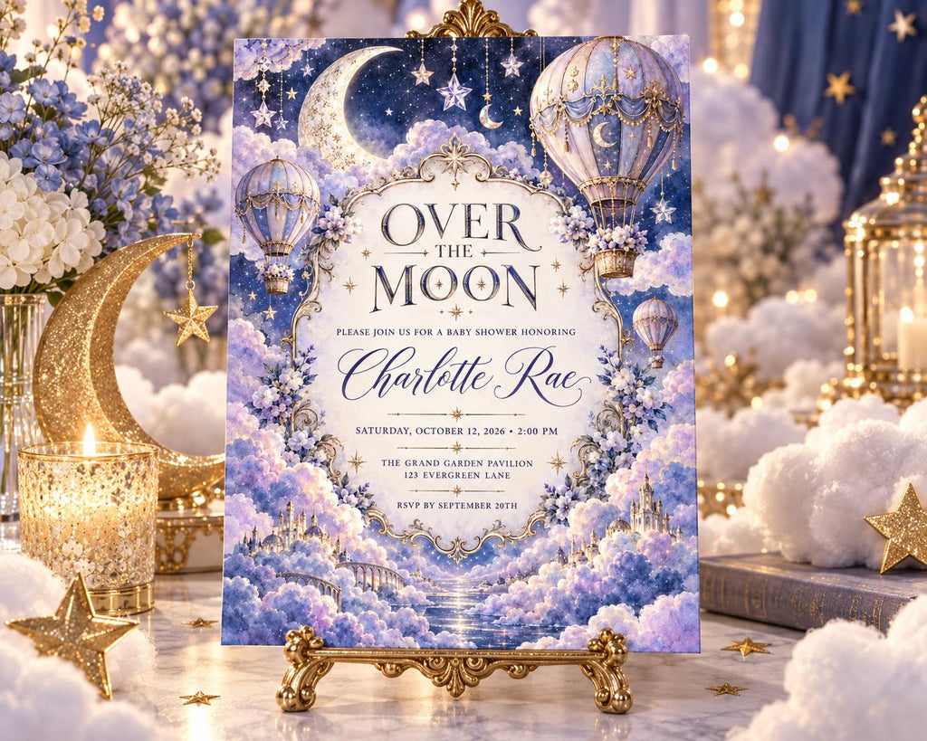 The image is a baby shower invitation featuring a moon and star theme, with a crescent moon, stars, and hot air balloons. The invitation is set against a backdrop of a night sky and clouds, creating a whimsical and celestial atmosphere.